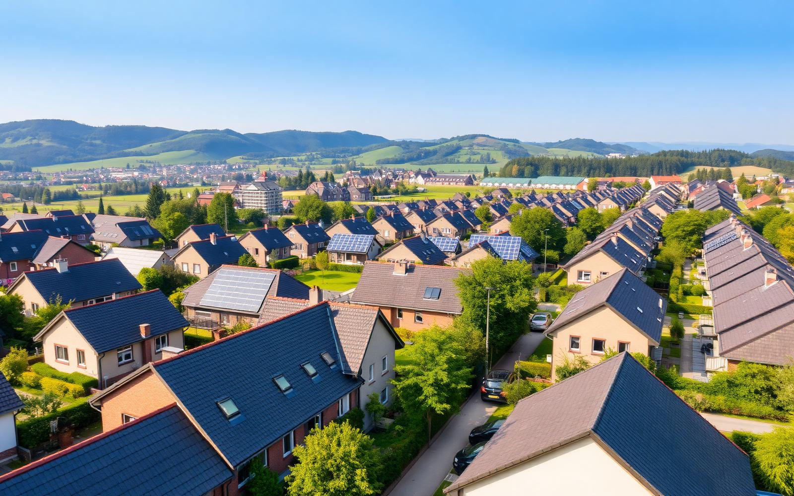 Luftbild einer Wohnsiedlung in Nordrhein-Westfalen mit Solaranlagen